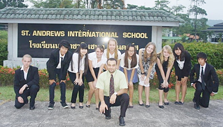 St. Andrews students Thomas, Aun, Beverly, Tiggy, Lera, Jasmine, Evelyn, Sunny, Earth, and Marie, and teacher Mr. Phillips, prepare to set out for UNESCO in Bangkok. (Also on the trip but not shown are students Rebecca and Tee.)